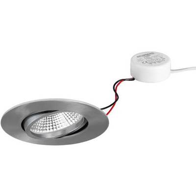 Ein runder LED-Spot mit Metallrahmen und angeschlossenem Kabel liegt auf einer Fläche.