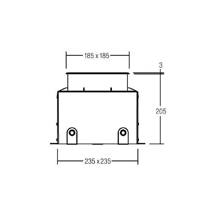 Technische Zeichnung eines Kastens mit Maßen: Breite 235x235, Höhe 205, Deckel 185x185, Oberkante 3. Darauf Befestigungspunkte.