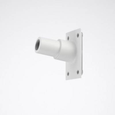 Weiße Wandhalterung mit zylindrischem Arm und rechteckiger Basis. Sie hat vier Schraublöcher zur Befestigung.