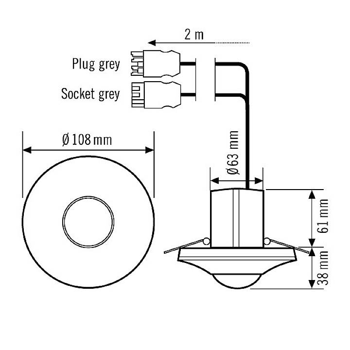 Elektrisches Diagramm einer Einbaulampe mit den Maßen: Durchmesser 108 mm, Höhe 61 mm. Kabel: 2 m, mit grauem Stecker und Buchse.