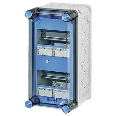 'Blauer Klemmenkasten mit transparentem Deckel und seitlichen Befestigungen. Enthält sichtbare elektrische Anschlussklemmen.'
