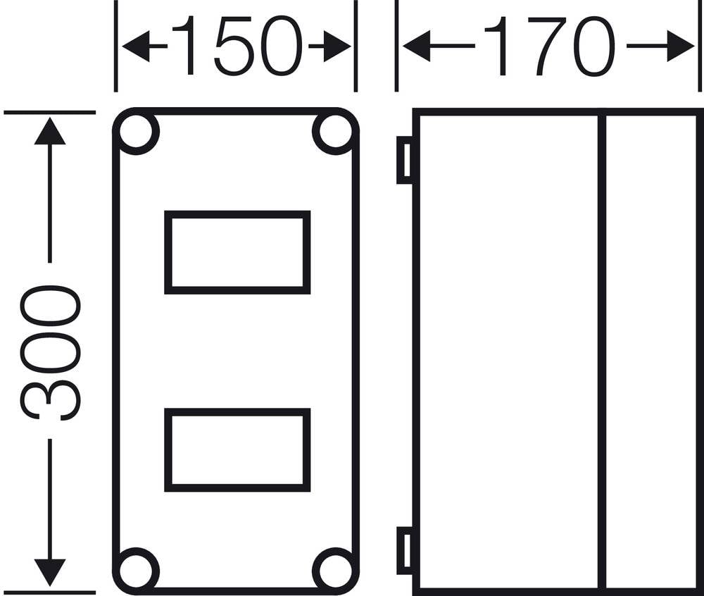 Zeichnung zeigt die vordere und seitliche Ansicht eines rechteckigen Kastens, 150 mm x 300 mm x 170 mm.