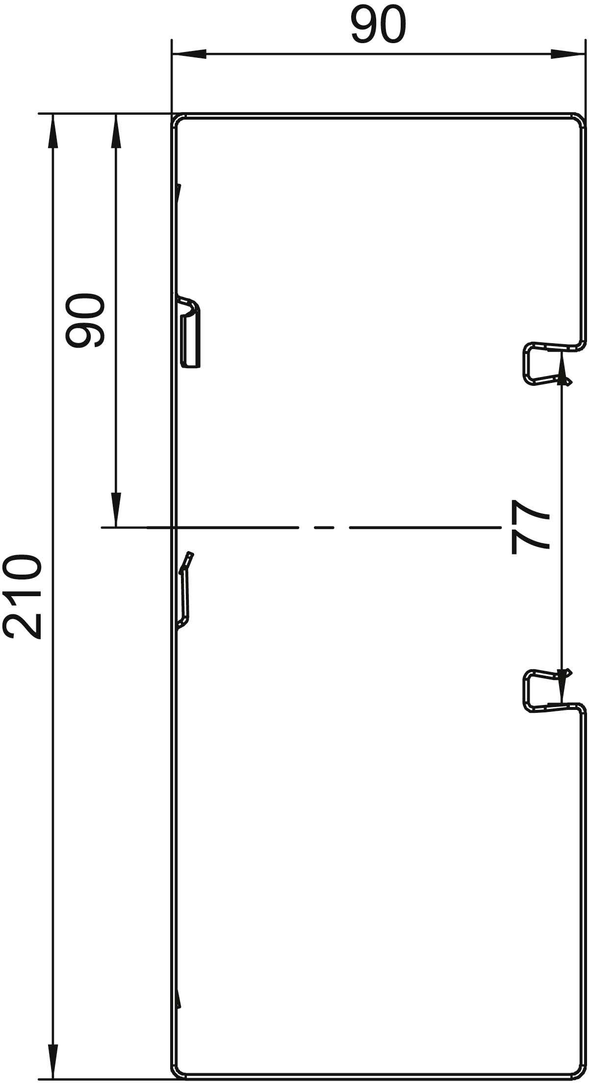 Diagramm einer Tür mit den Maßen 90 x 210 cm, einschließlich der Positionen von Griffen und Scharnieren auf der rechten Seite.