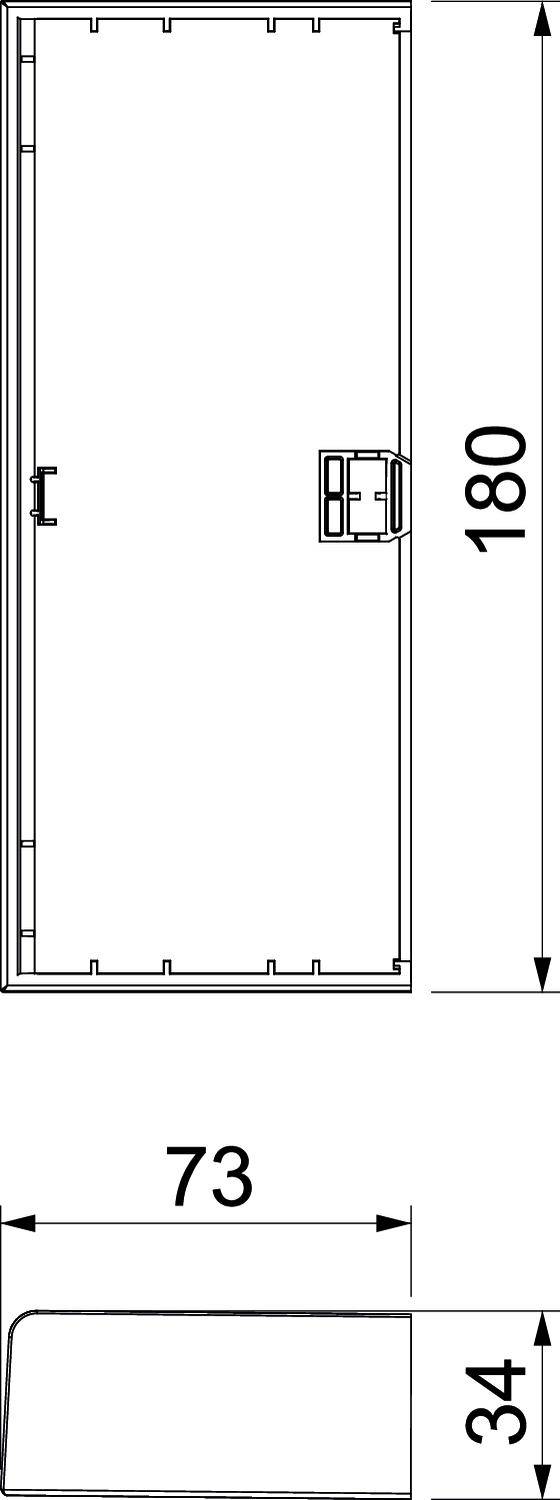 Technische Zeichnung einer rechteckigen Box mit den Maßen: Länge 180 mm, Breite 73 mm, Höhe 34 mm.