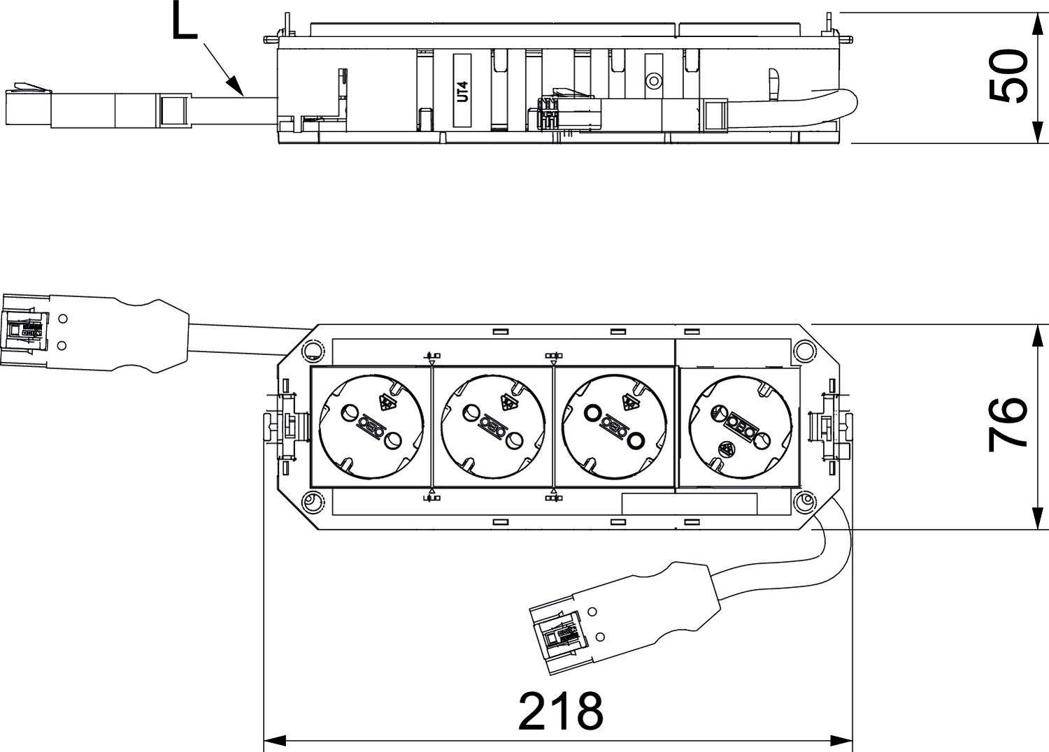 Technische Zeichnung einer Steckdosenleiste mit vier Anschlüssen. Maße: 50 mm hoch, 76 mm breit, 218 mm lang. Kabel mit Stecker.