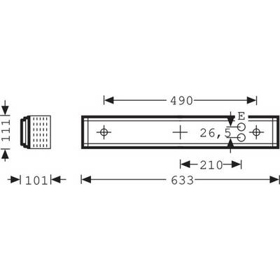 Technische Zeichnung eines rechteckigen Bauteils mit den Maßen 101x111 und Gesamtmaß 633. Löcher mit 26,5 mm Durchmesser sind markiert.