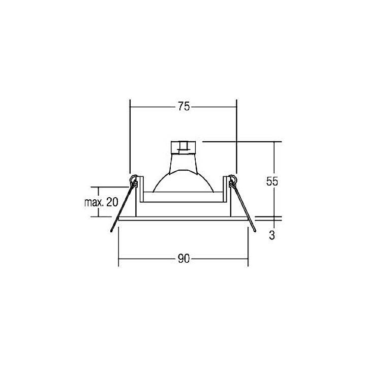 Technische Zeichnung einer Einbauleuchte mit den Maßen: 90 mm Breite, 75 mm Höhe, Einbautiefe 55 mm, maximale Klemmbreite 20 mm.