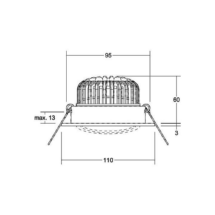 Technische Zeichnung eines runden Einbauleuchtensystems mit Maßen: Breite 95 mm, Höhe 60 mm, Gesamttiefe 110 mm.
