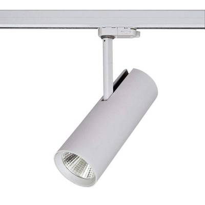 Eine weiße zylindrische Deckenlampe, die an einer Schiene montiert ist, leuchtet nach unten. Sie ist schlicht und modern gestaltet.