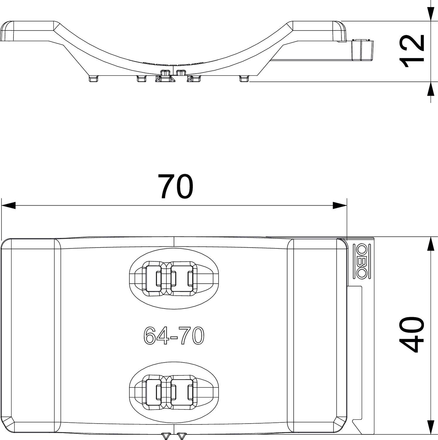 Technische Zeichnung einer Halterung mit den Maßen oben: 12, in der Mitte: 70, rechts: 40. Zeigt die Ansicht von oben und von der Seite.