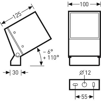 Technische Zeichnung einer rechteckigen Lampe mit Maßen: Breite 125 mm, Tiefe 30 mm, verstellbarer Winkel -6° bis +110°, Bohrungsdurchmesser 12 mm.