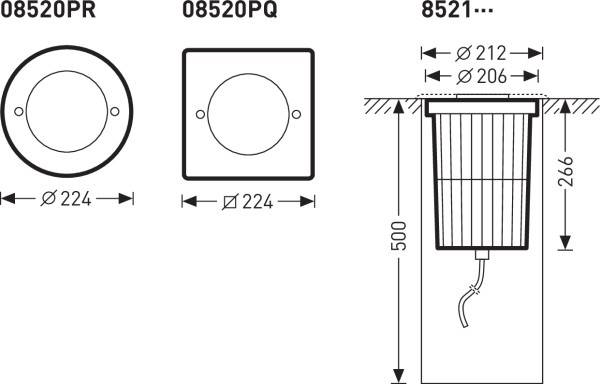 Diagramm zeigt Abmessungen von Deckenleuchtenmodellen 08520PR, 08520PQ und 8521. Maße: 224 mm Breite, 266 mm bis 500 mm Höhe.