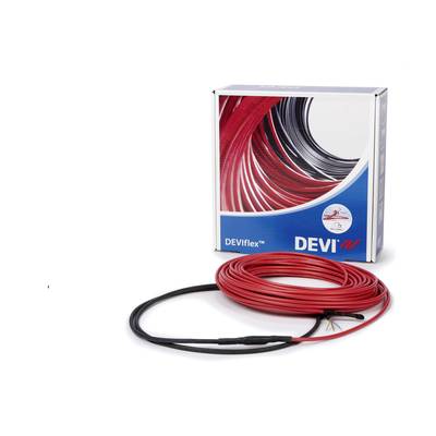 Eine rote Heizleitung mit einer Verpackungsbox der Marke 'DEVIflex'. Die Box zeigt ein Bild der Heizleitung in einer Spirale.
