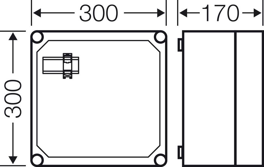 Technische Zeichnung eines quadratischen Gehäuses mit den Maßen 300x300 mm und 170 mm Tiefe, inklusive Steckverbindung oben.