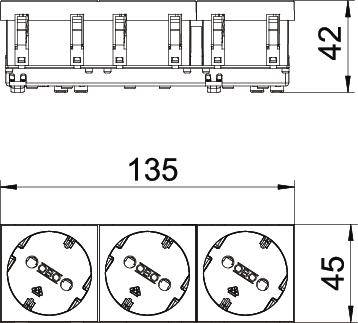 Technische Zeichnung eines Gehäuses mit Maßen: Breite 135 mm, Höhe 42 mm, Tiefe 45 mm; zeigt Anordnung und Position von Befestigungspunkten.