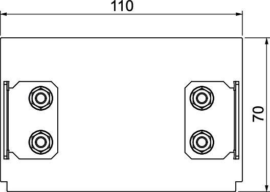 Technische Zeichnung eines rechteckigen Mechanikteils mit den Maßen 110 x 70 mm, vier Bohrlöcher an den Ecken.