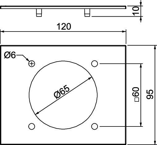 Technische Zeichnung einer rechteckigen Platte mit einem zentralen Loch (Durchmesser 65 mm) und vier kleineren Bohrungen. Maße: 120 mm x 95 mm.