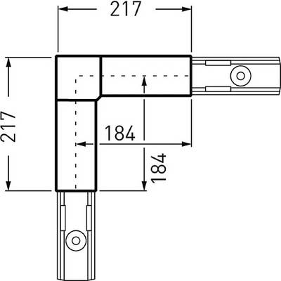 Technische Zeichnung eines L-förmigen Rohrverbinders mit Abmessungen: beide Schenkel 217 mm, Rohrdurchmesser 184 mm.