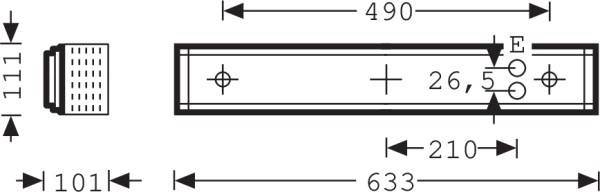 Technische Zeichnung eines rechteckigen Teils mit Maßen: Länge 633 mm, Breite 111 mm. Bohrlochmarkierungen und Pfeil bei 26,5 mm.