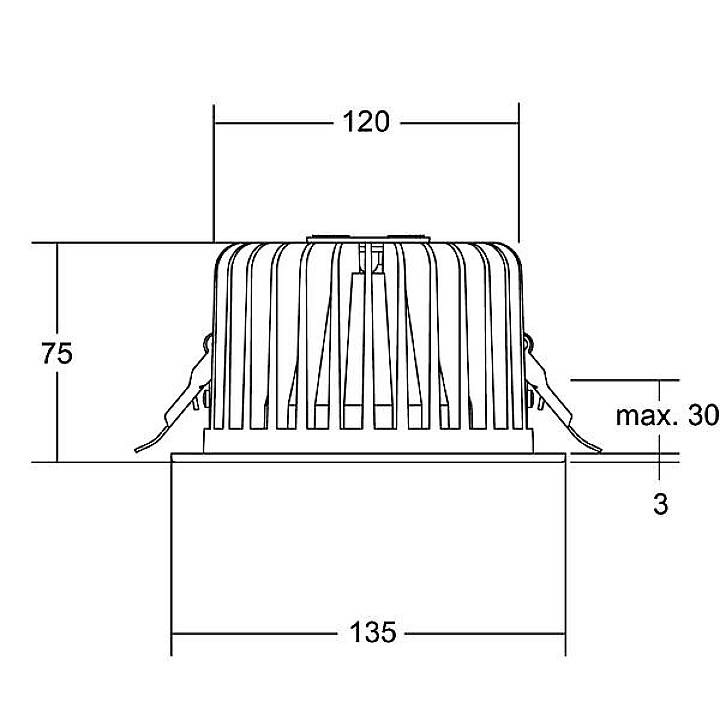 Schema einer Einbauleuchte mit Maßen: Breite 120 mm, Tiefe 75 mm, Einbautiefe maximal 30 mm, Durchmesser 135 mm.