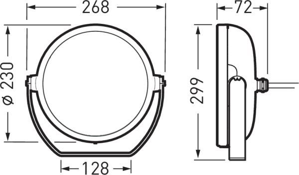 Technische Zeichnung eines runden Scheinwerfers mit Maßen: Durchmesser 230 mm, Höhe 299 mm, Breite 268 mm, Tiefe 72 mm.