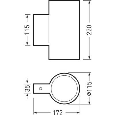 Technische Zeichnung eines zylindrischen Objekts mit Maßen: Höhe 220 mm, Breite 115 mm, Tiefe 172 mm, Durchmesser 115 mm.
