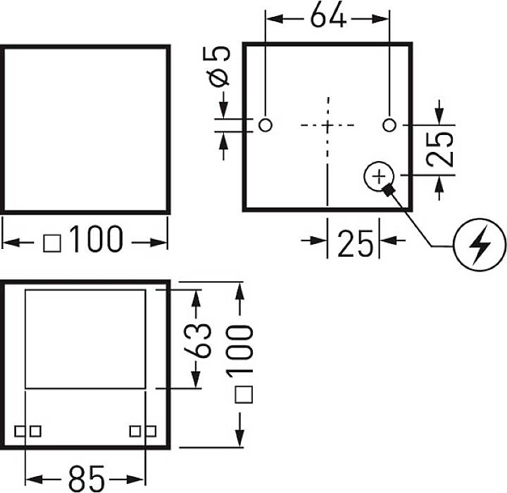Technische Zeichnung eines quadratischen elektrischen Bauteils mit Maßen: 100x100 mm, Bohrungsdurchmesser 5 mm, Anschlussabstand 25 mm.