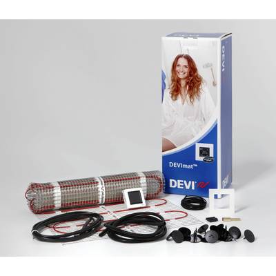 Fußbodenheizungset "Devi": Enthält Heizmatte, Thermostat und Installationszubehör, verpackt in einer blauen Schachtel mit Produktabbildung.
