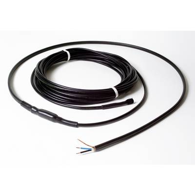 Ein langes, schwarzes Kabel mit zwei lose endenden Drähten und einem verdickten Mittelteil liegt aufgerollt auf weißem Hintergrund.