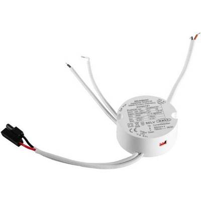Ein runder, weißer elektrischer Transformator mit Kabeln, die an beiden Seiten herausragen. Aufdruck zeigt technische Spezifikationen.