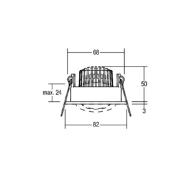 Technische Zeichnung eines Einbaustrahlers mit Maßen: 68 mm Durchmesser, 50 mm Höhe. Maximale Einbautiefe: 24 mm, Gesamttiefe: 82 mm.