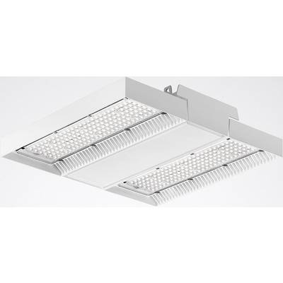 Eine quadratische LED-Deckenleuchte mit zwei beleuchteten Paneelen, montiert an einer weißen Decke, zeigt modernes Design.