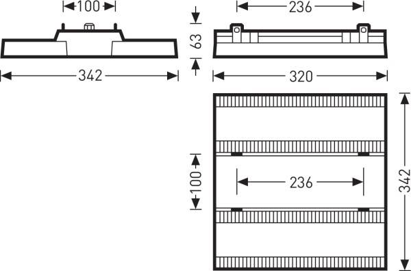 Technische Zeichnung eines rechteckigen Gegenstands mit Maßen: Breite 342 mm, Höhe 63 mm, Tiefe 236 mm, dargestellt in Draufsicht und Seitenansicht.