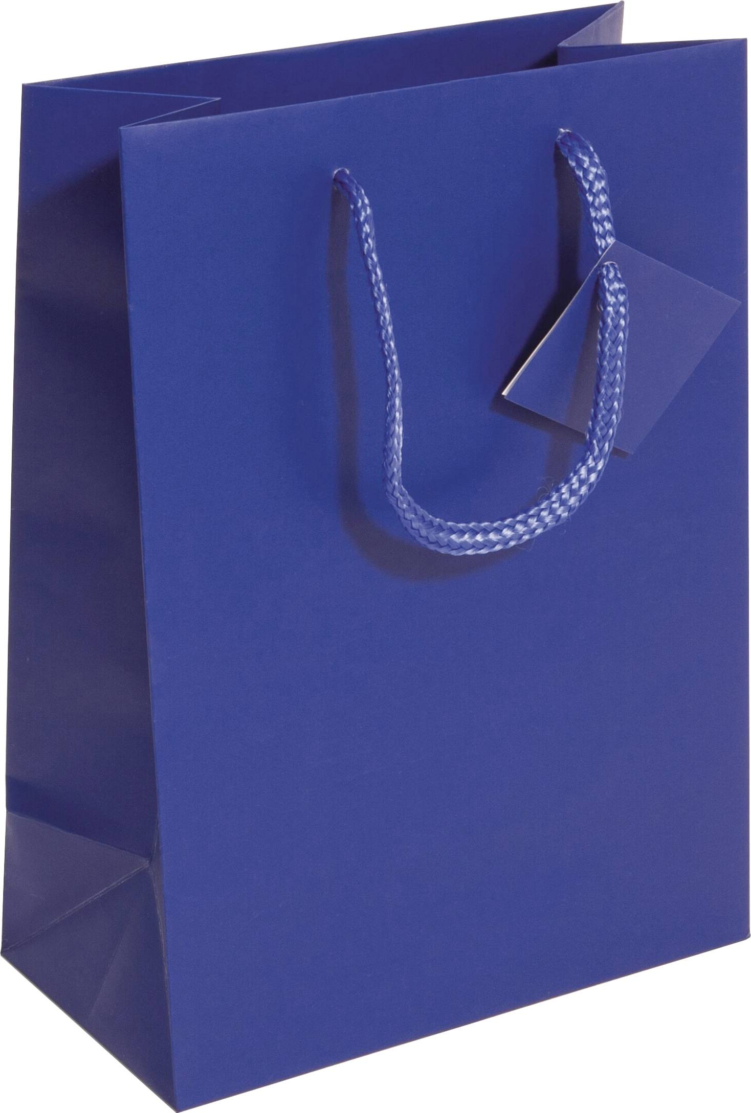 Blaue Papiereinkaufstasche mit Seilgriffen, vor weißem Hintergrund gezeigt.