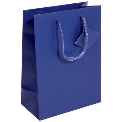 Blaue Geschenktüte mit tragfähigem Henkel und kleinem Etikett, bereit zum Verpacken von Geschenken.