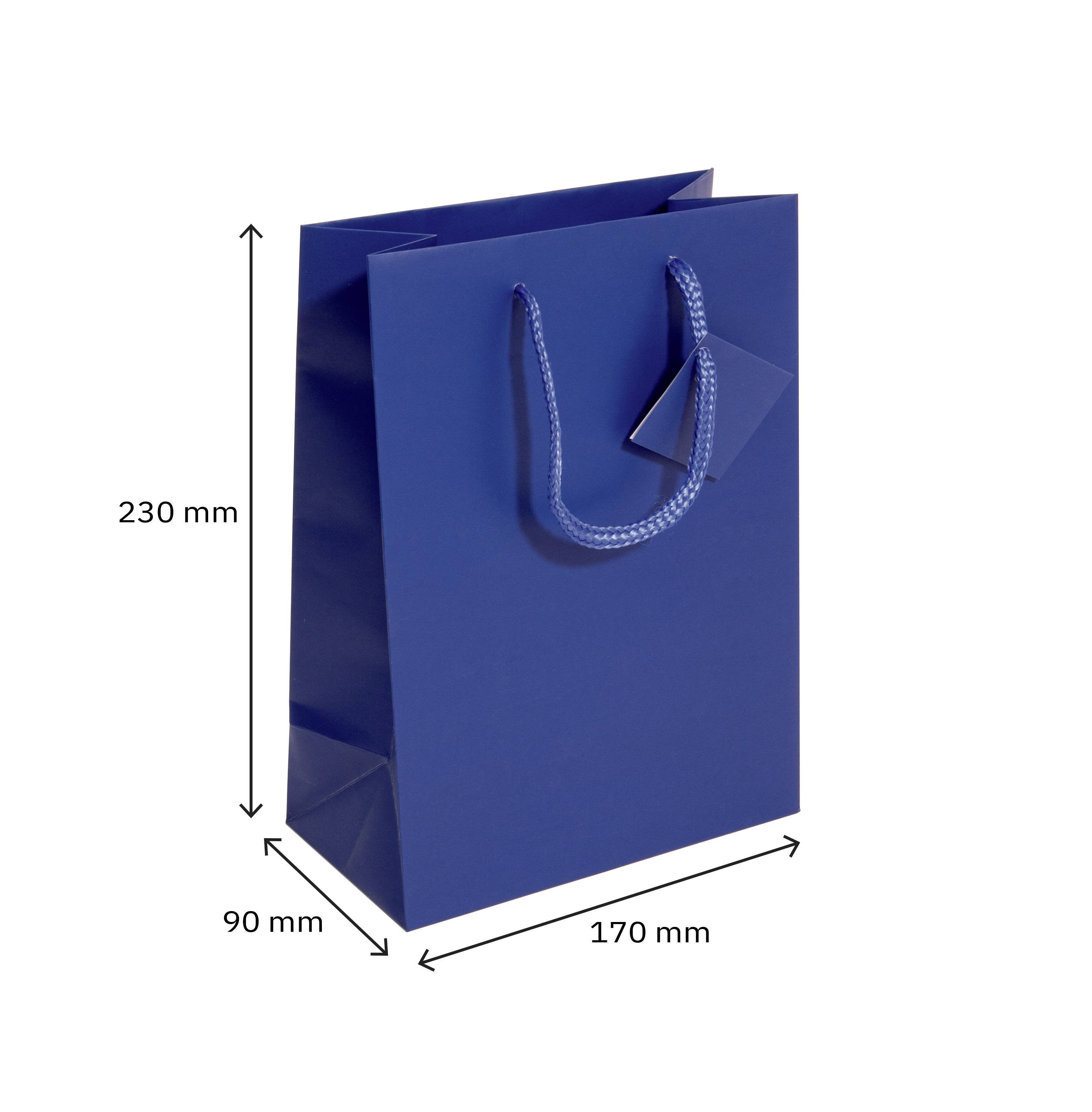 Eine blaue Geschenktüte mit Kordelgriffen, abgebildet mit den Maßen: 230 mm Höhe, 170 mm Breite und 90 mm Tiefe.