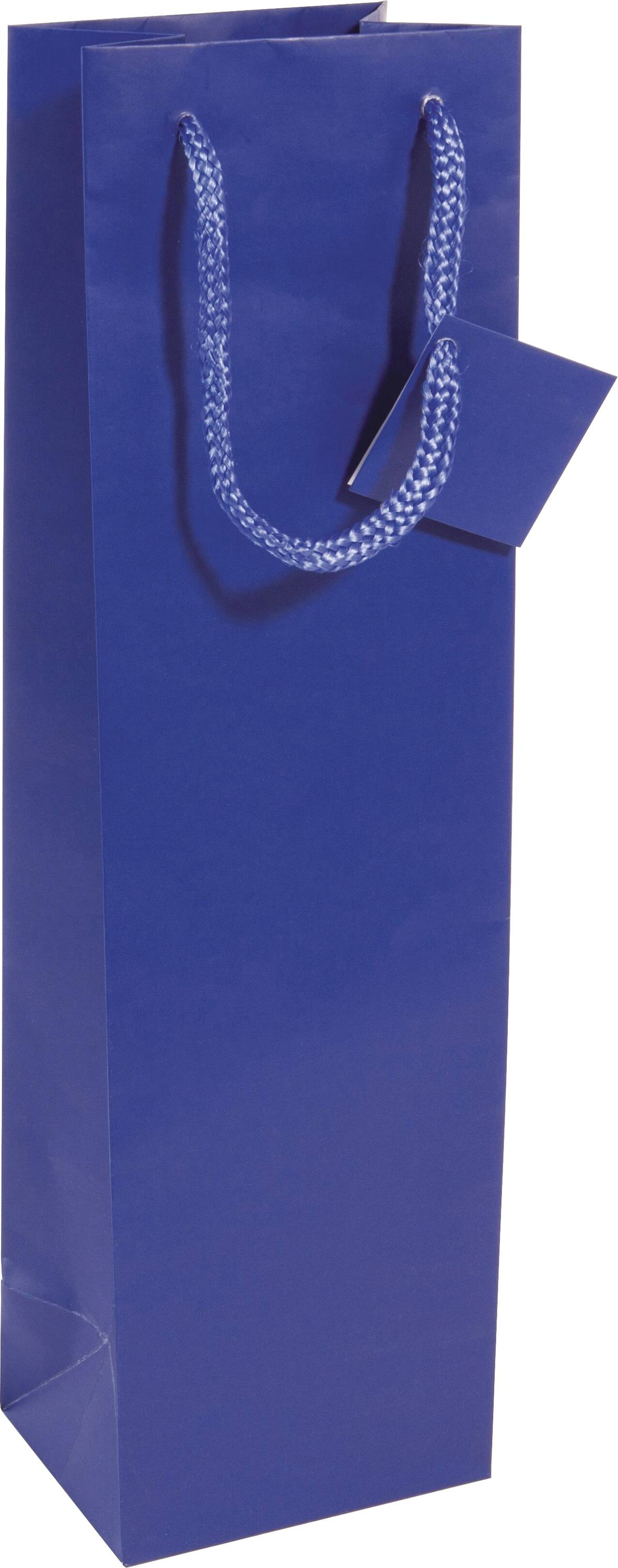 Blaue Geschenktasche mit Seilgriffen und passendem Etikett, auf weißem Hintergrund abgebildet.