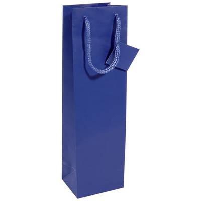 Blaue Geschenktasche aus Papier mit Kordelgriff und kleinem Anhang. Geeignet für längliche Geschenke wie Weinflaschen.