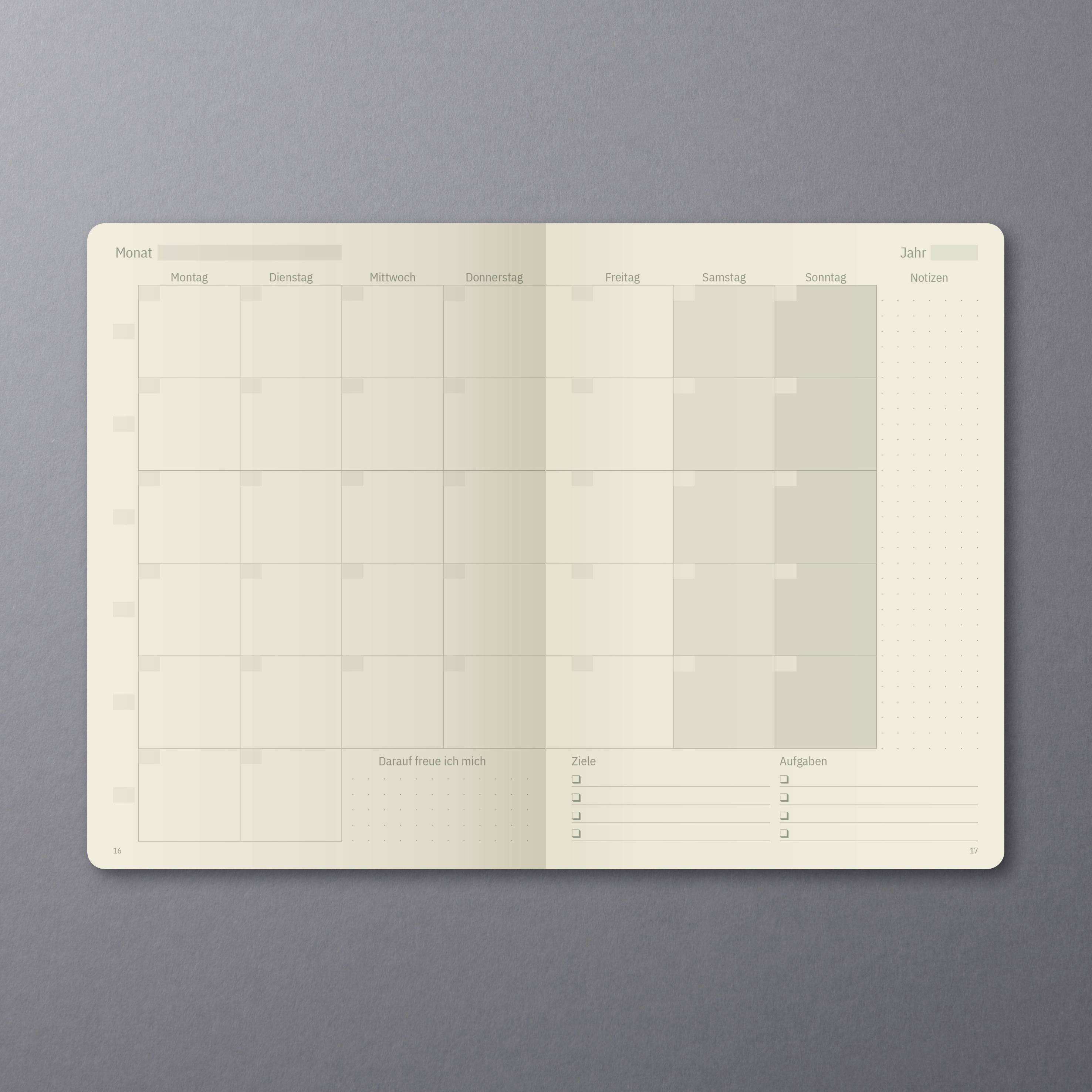 Ein leerer Monatskalender mit Wochentagen von Montag bis Sonntag, und einer Spalte für Notizen. Unten sind Felder für Ziele und Aufgaben.