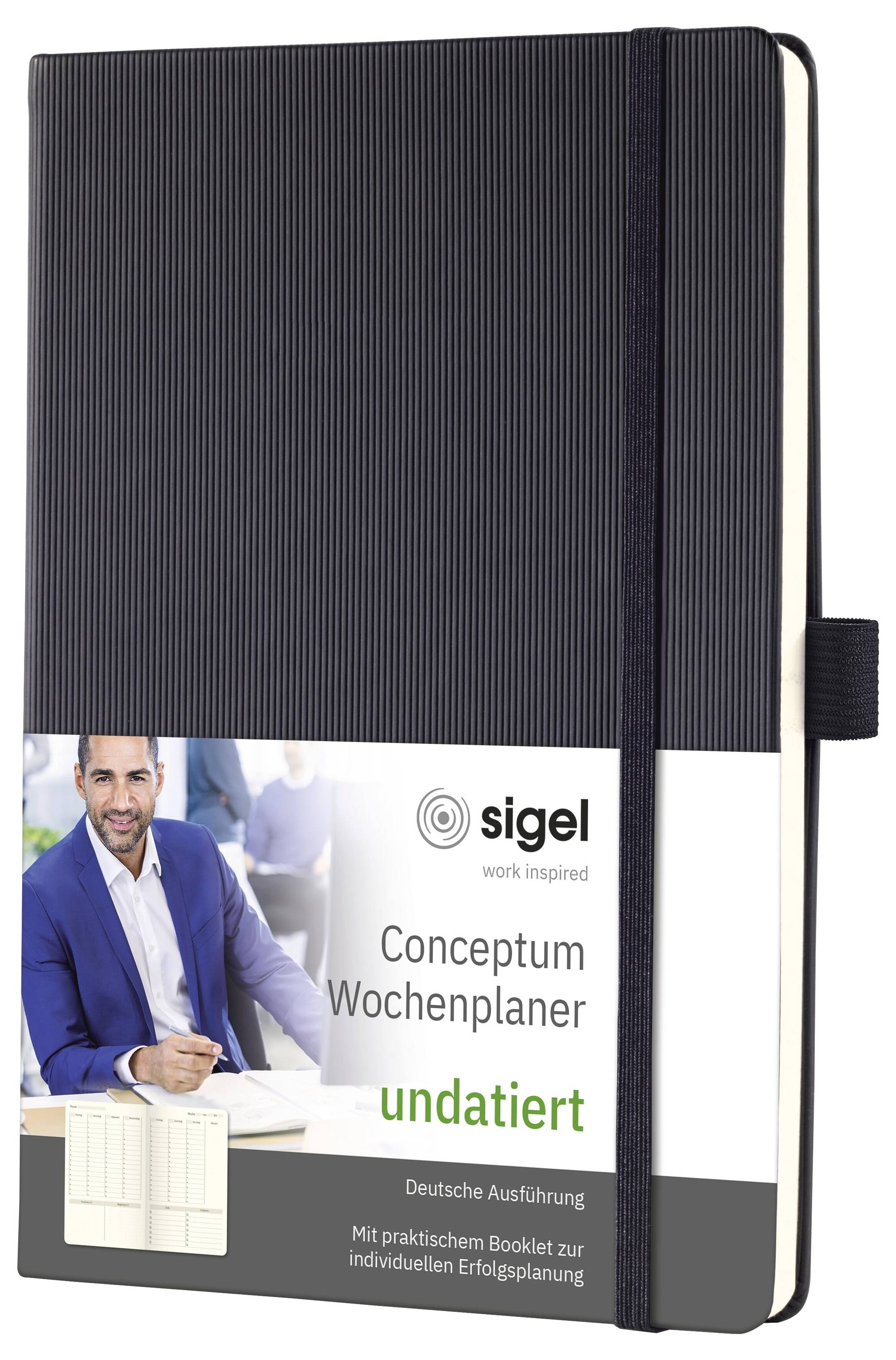 Schwarzes Wochenplaner-Notizbuch mit elastischem Verschlussband, bezeichnet als „sigel Conceptum Wochenplaner undatiert", als Produktcover-Foto dargestellt.