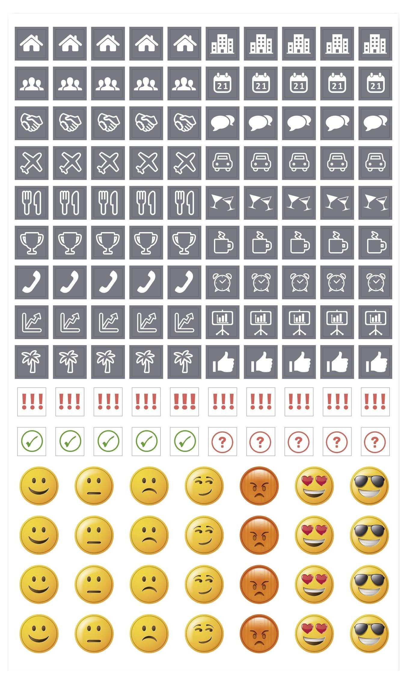 Ein Raster mit häufigen weißen Symbolen und Emojis auf grauen und weißen Kacheln, einschließlich Startseite, Personen, Kalender, Wetter, Essen, Telefon, Diagramme, Daumen hoch, Ausrufezeichen, Häkchen, Fragezeichen und Smileys.