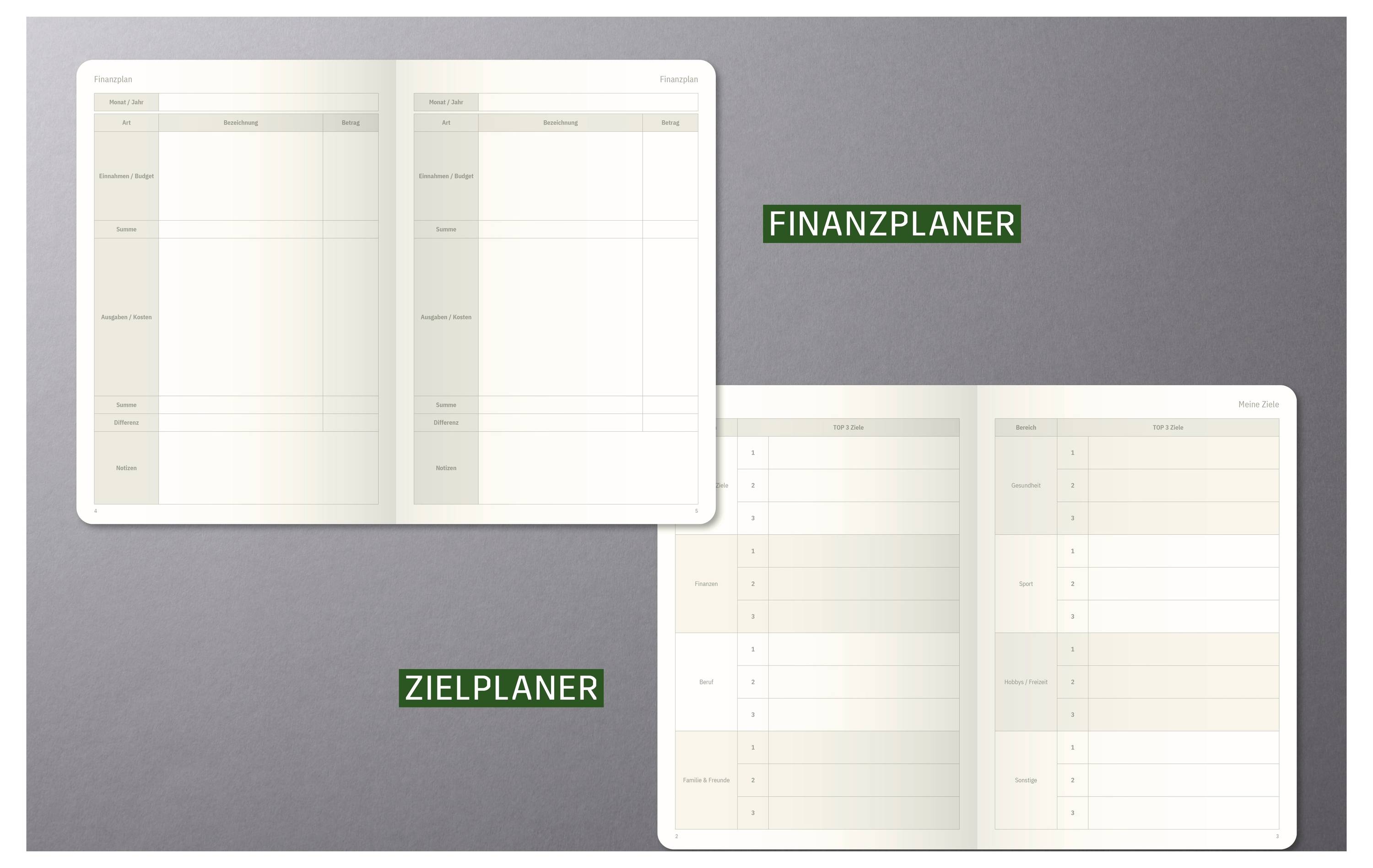 Ein Finanzmittel-Planungs- und Zielplanungs-Notizbuchformat, das auf einem grauen Hintergrund angezeigt wird und mit "FINANZPLANER" und "ZIELPLANER" gekennzeichnet ist.