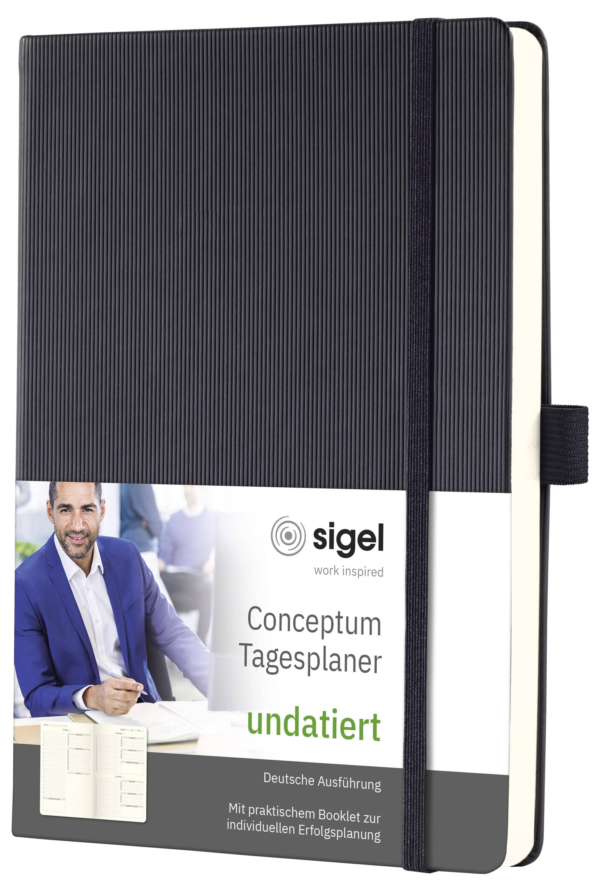 Schwarzes gestreiftes Sigel Conceptum Tagesplanungs-Notizbuch undatiert mit Gummiband und Coverfoto eines Mannes im blauen Anzug; deutscher Text auf dem Cover.