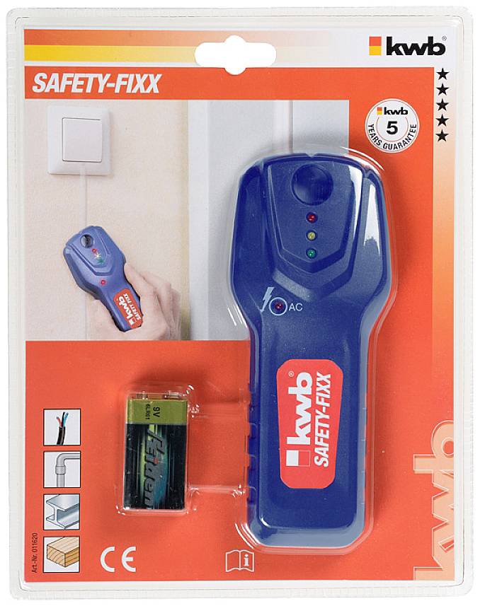 Verpackung eines Spannungsprüfers 'kwb SAFETY-FIXX'. Zeigt Gerät und Batterie. Hebt fünfjährige Garantie hervor.