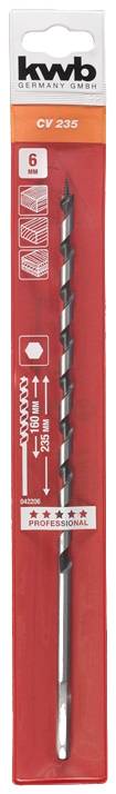 Verpacktes Bohrer-Set, Marke 'kwb', Modell 'CV 205', mit einem langen Bohrer sichtbar durch eine transparente Verpackung.