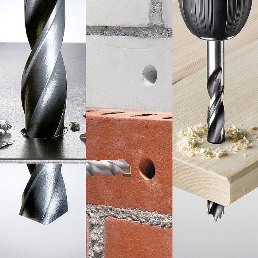 'Drei Bohrer: Metallbohrer in Metall, Steinbohrer in Beton, Holzbohrer in Holz. Jede zeigt spezifisches Material und Anwendung.'