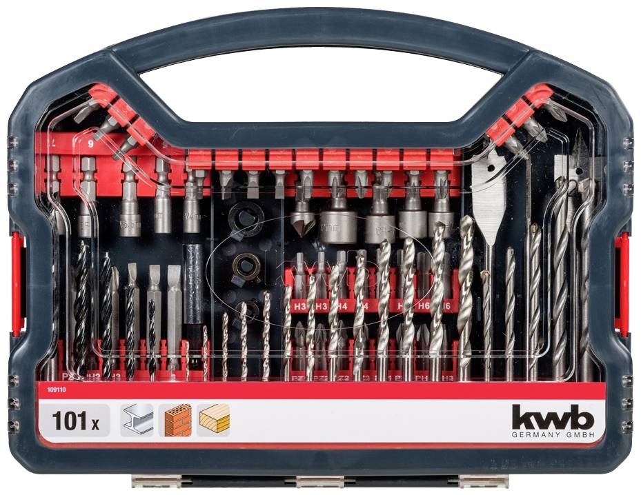 'Kwb Bohrer-Set mit 101 Teilen, präsentiert in einer transparenten Kunststoffbox mit Griff, enthält verschiedene Bohr- und Schraubaufsätze.'