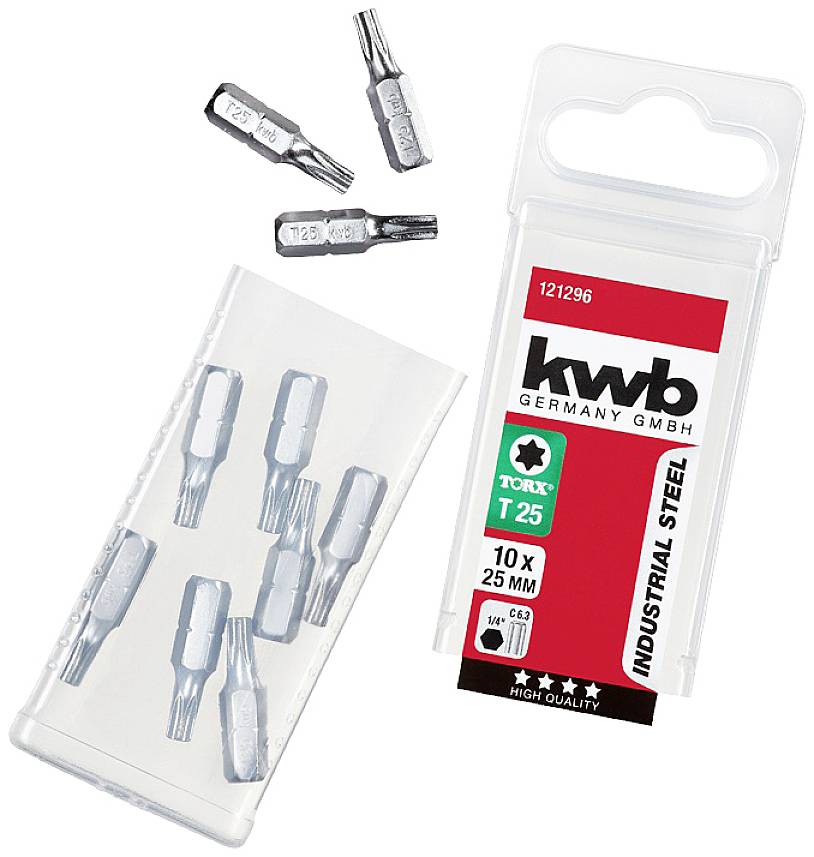 Ein Paket mit zehn TORX T25 Schraubendreher-Bits der Marke KWB, 25 mm lang, aus Industrie-Stahl, neben einer durchsichtigen Verpackung.