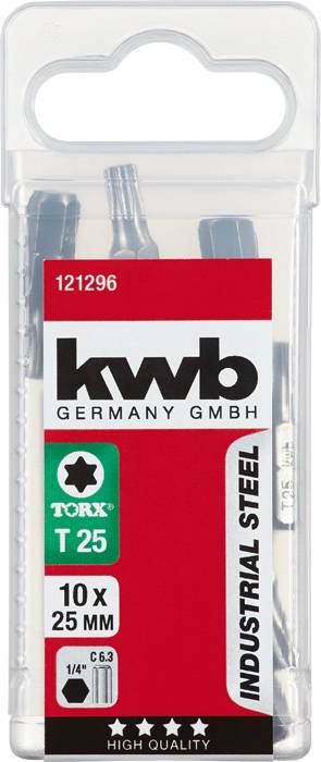 Die Verpackung enthält 10 Torx T25 Bits, Größe 1/4 Zoll x 25 mm, aus hochqualitativem Stahl, Marke 'kwb GERMANY GMBH'.