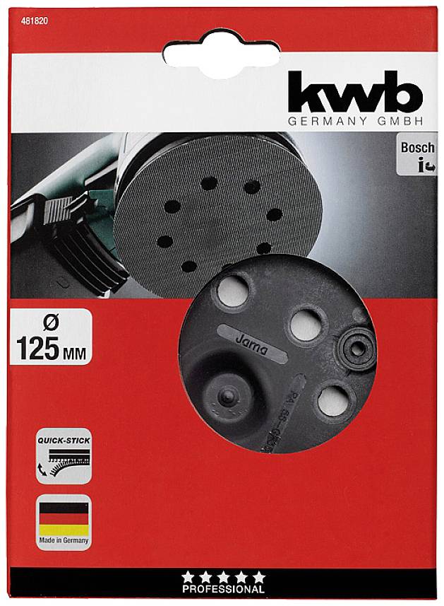 'Verpackung einer Schleifscheibe, Durchmesser 125 mm, mit Quick-Stick Befestigung, geeignet für Bosch. Hergestellt in Deutschland.'